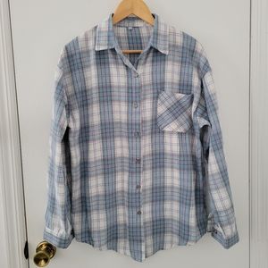 Medium Blue Plaid Poly Cotton Flannel Button Down Shirt